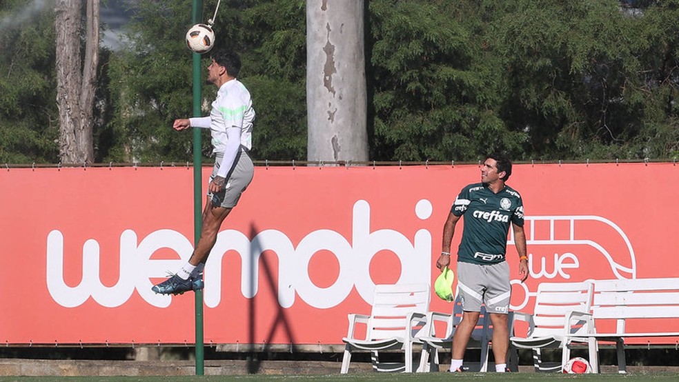 Abel Ferreira e Gustavo Gómez (E), do Palmeiras, durante jogo-treino contra a equipe do Lemense, na Academia de Futebol — Foto: Cesar Greco/Palmeiras