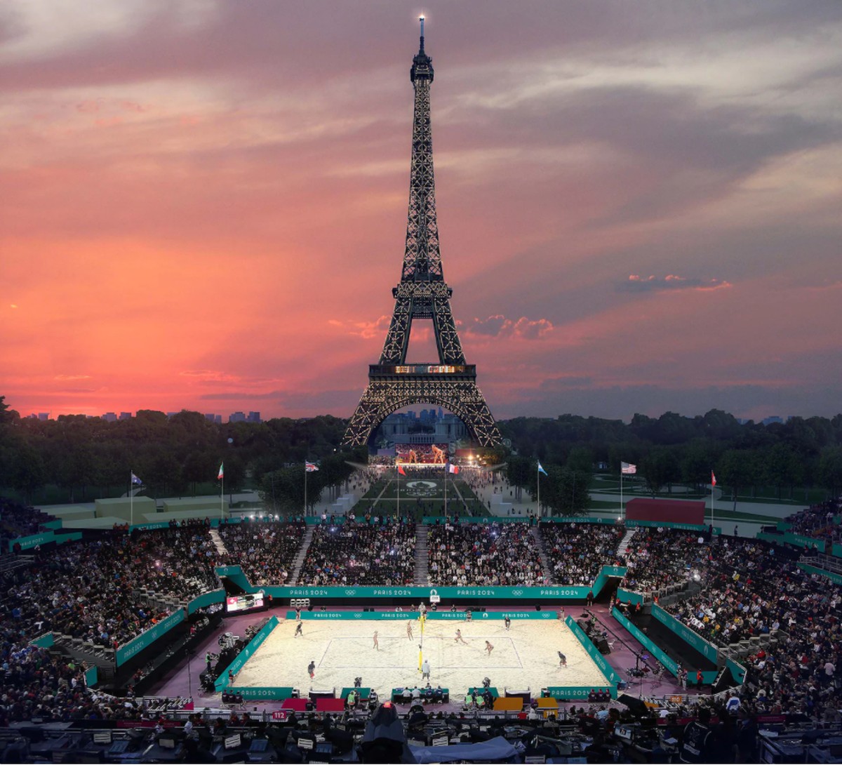 Vista Aproximada Da Bandeira Olímpica De Verão Paris 2024 Acenando