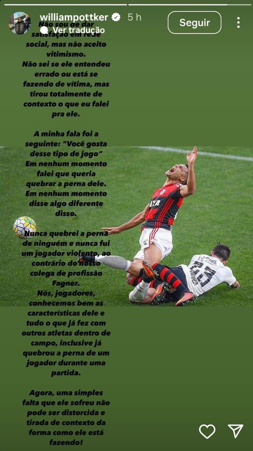 William Pottker, do CRB, fala do lance com o lateral Fagner, do Cruzeiro — Foto: Reprodução/Instagram