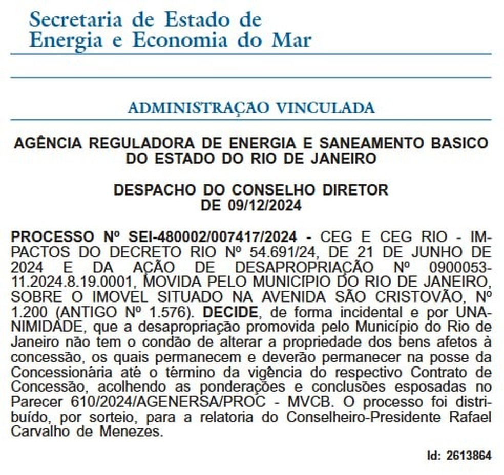 Despacho da Secretaria de Estado de Energia e Economia do Mar sobre o Gasômetro — Foto: Reprodução