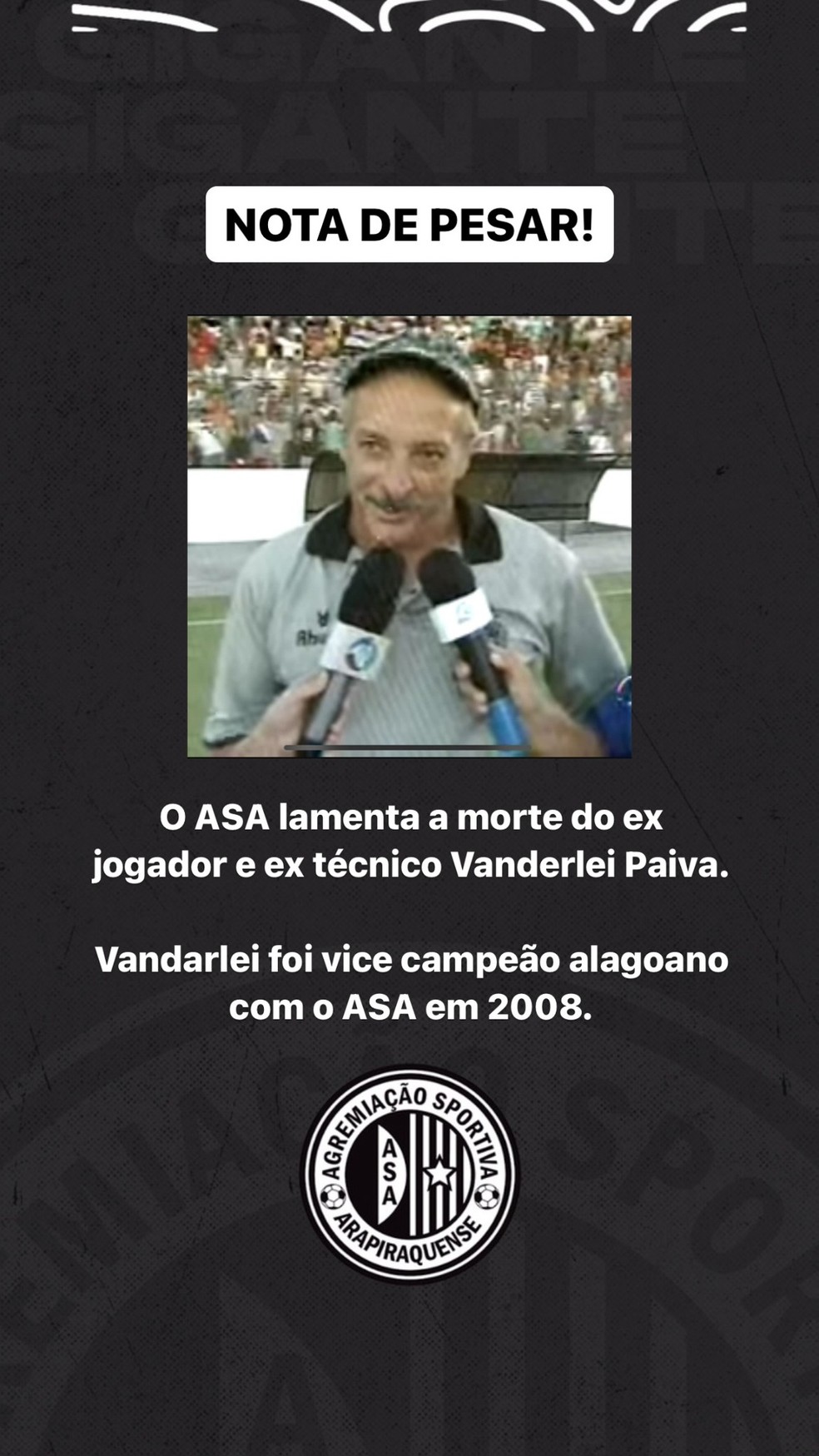ASA lamenta morte de Vanderlei Paiva — Foto: Reprodução / Instagram