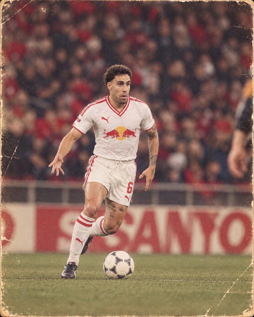 Gabriel na trend dos anos 80 — Foto: Ari Ferreira/Red Bull Bragantino - Adaptação ChatGPT