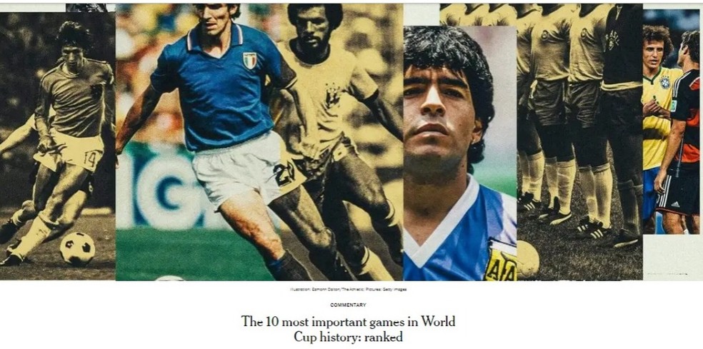 Arte sobre o ranking do The Athletic com jogos mais importantes da história das Copas