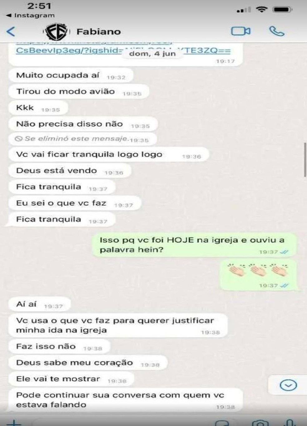 Conversas enviadas pela ex-mulher de Luis Fabiano &agrave; Pol&iacute;cia Civil  &mdash; Foto: Arquivo Pessoal
