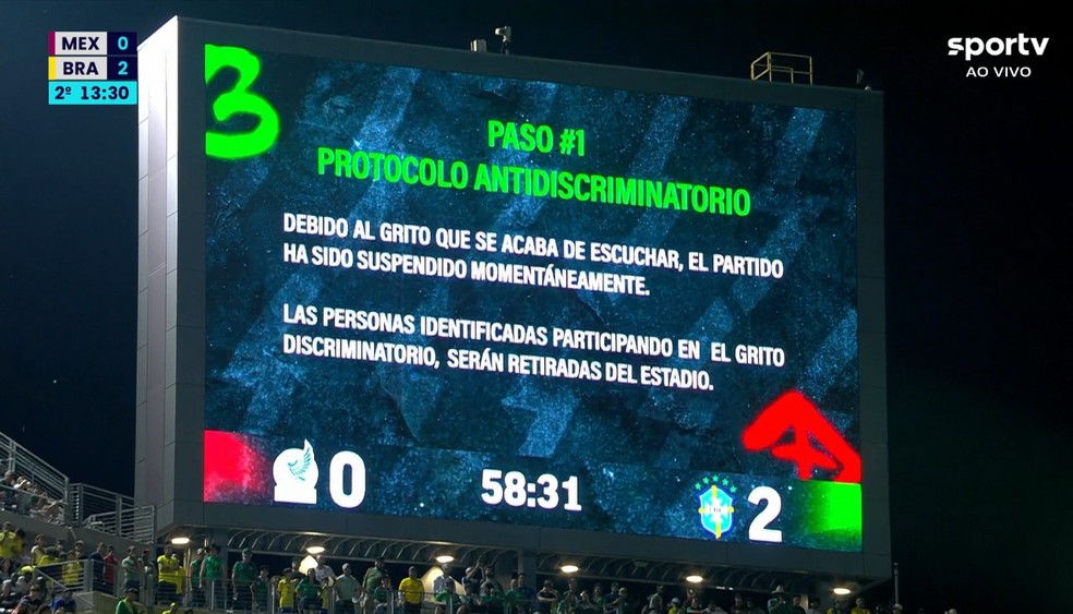 Telão exibe mensagem contra a homofobia no México x Brasil — Foto: Reprodução / sportv