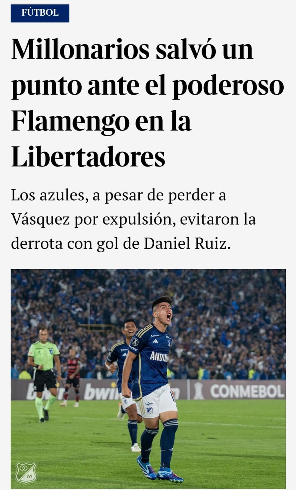 Jornal El Nuevo Siglo repercute Millonarios 1 x 1 Flamengo