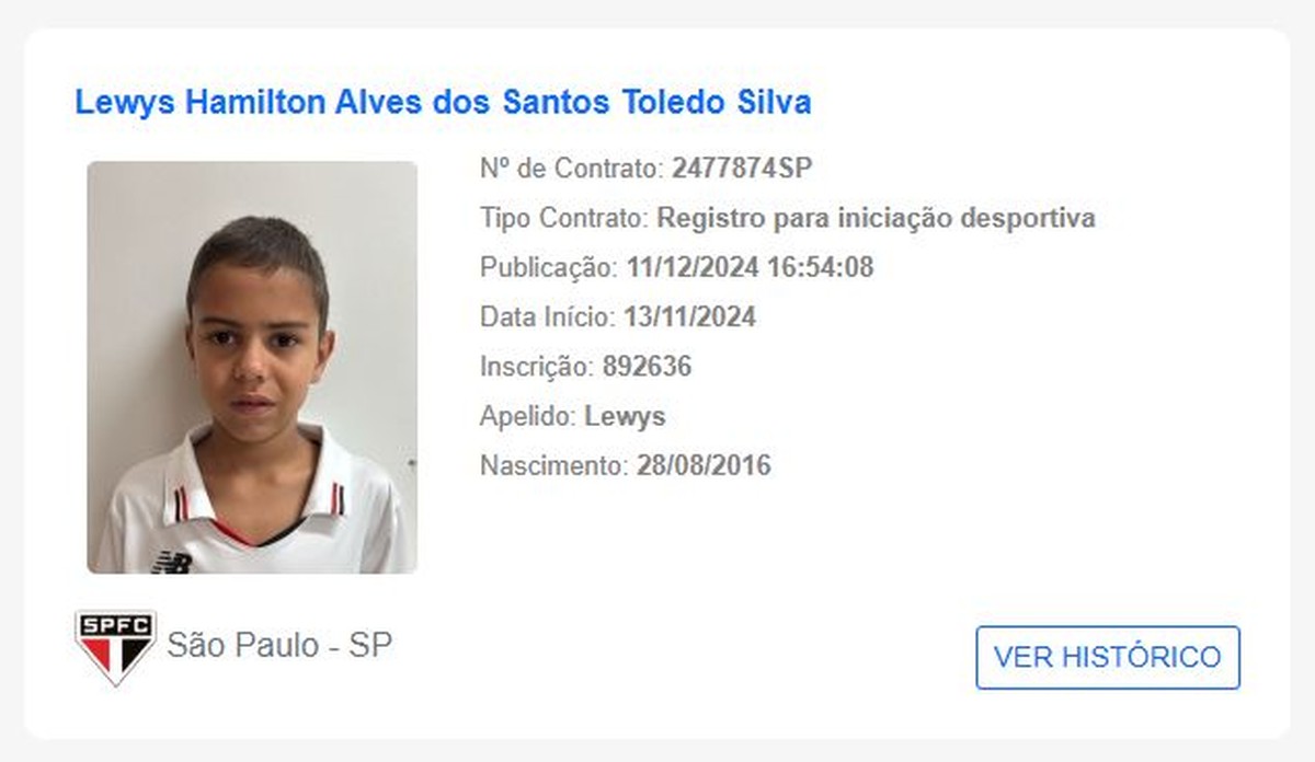 HOMENAGEM INUSITADA! São Paulo assina contrato com jovem talento Lewys Hamilton de apenas oito anos