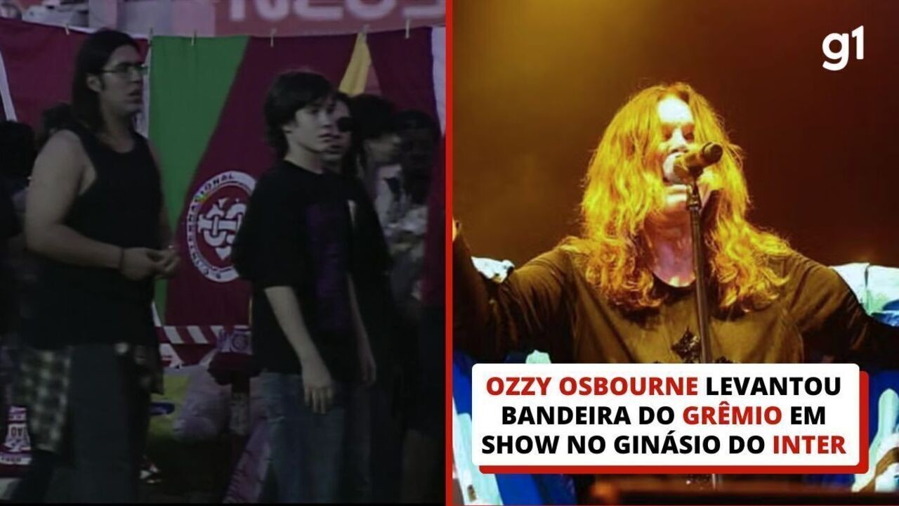 Ozzy Osbourne exibe bandeira do Grêmio durante apresentação no ginásio rival.