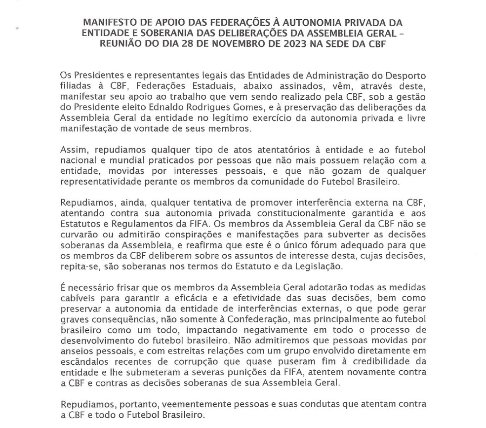 Carta de apoio federações a Ednaldo — Foto: Reprodução