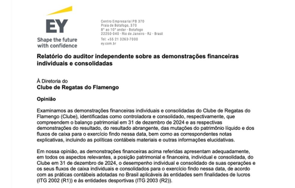 Parecer da auditoria independente contratada pelo Flamengo — Foto: Reprodução
