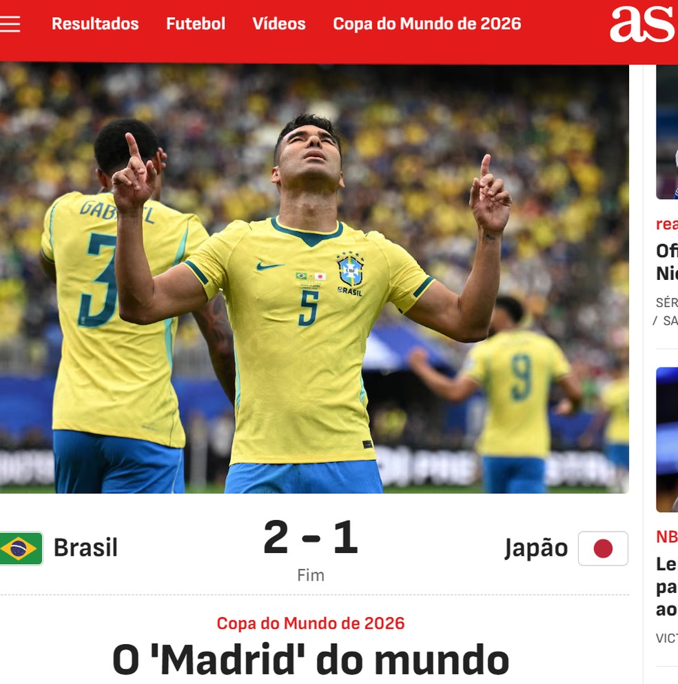 Jornal espanhol "As" exalta gol do ex-Real Madrid Casemiro na classificação — Foto: Reprodução
