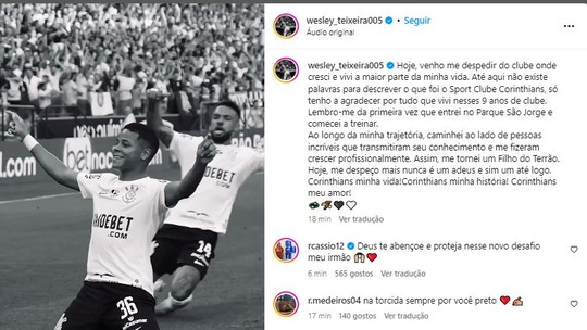 Vendido ao Al-Nassr, Wesley se despede do Corinthians: "Até logo"