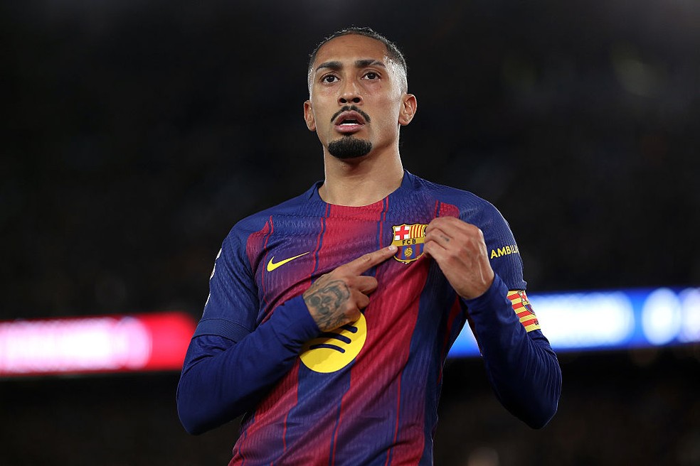 Raphinha gol Barcelona sobre o Atlético de Madri LaLiga 2025 — Foto: Eric Alonso/Getty Images