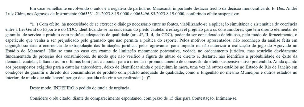 Decis�o da Justi�a que indeferiu pedido de urg�ncia do Vasco � Foto: Reprodu��o