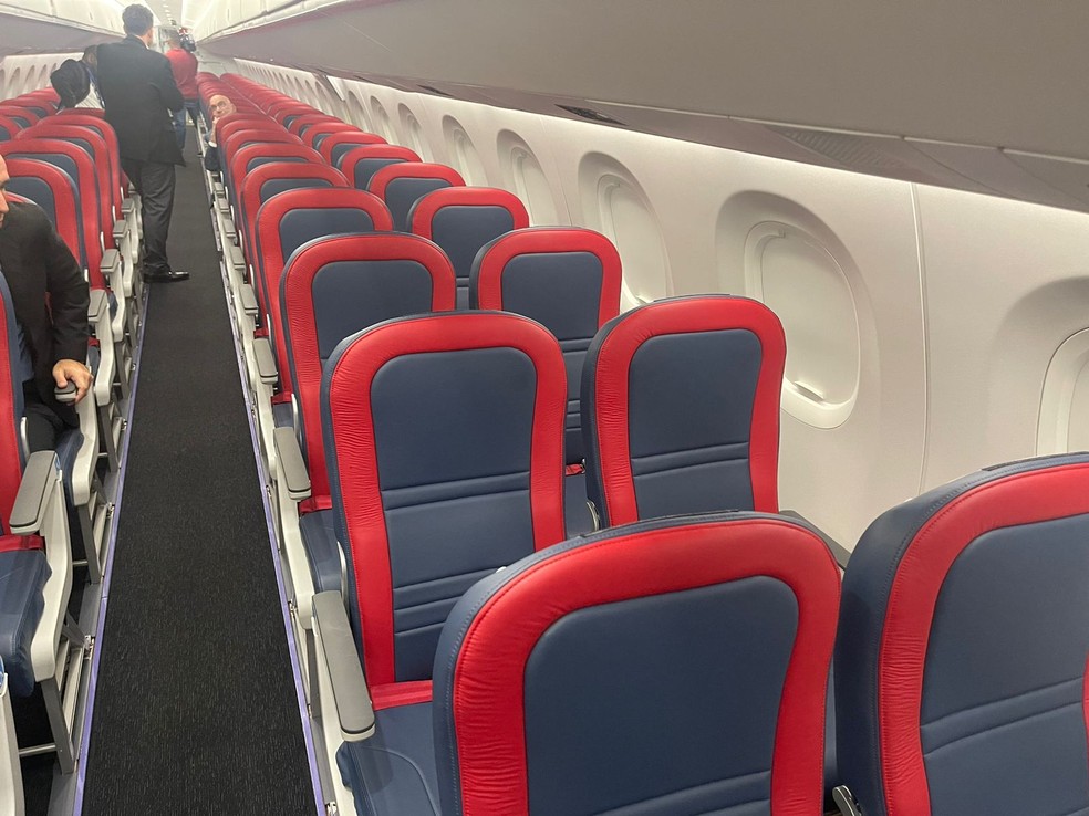 Avião comprado por Leila Pereira, presidente do Palmeiras, tem 98 lugares — Foto: Thiago Ferri