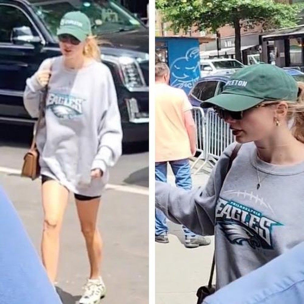 Taylor Swift usando um casaco dos Eagles — Foto: Reprodução