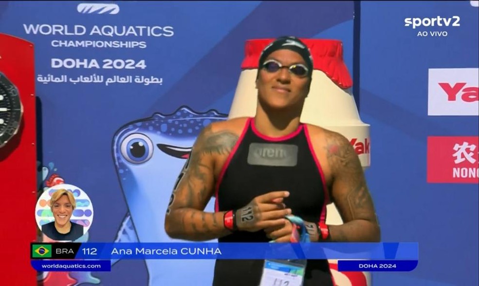 Ana Marcela no Mundial de Esportes Aquáticos de Doha — Foto: Reprodução/Sportv