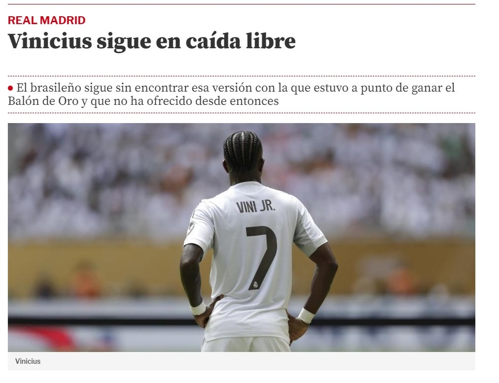 Vinicius Junior é criticado por jornal da Espanha — Foto: Reprodução/Mundo Deportivo