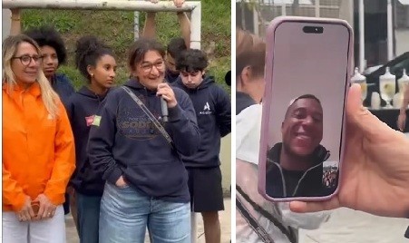 Fayza Lamari com estudantes em escola de São Paulo