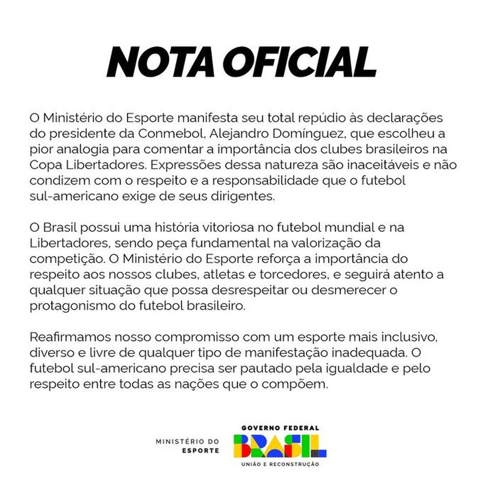 Nota do ministério do Esporte — Foto: Reprodução