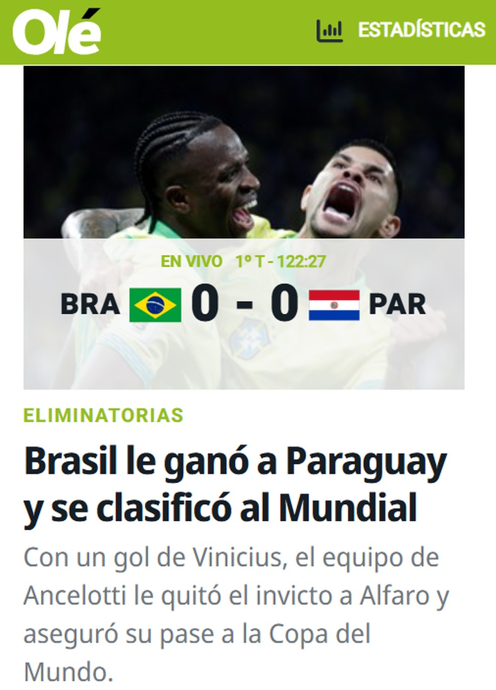 Diário Olé, da Argentina, destaca classificação do Brasil para a Copa do Mundo de 2026 — Foto: Reprodução