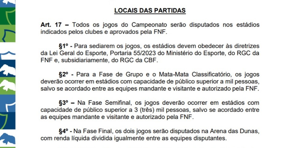Regulamento do Campeonato Potiguar 2026 diz que finais serão disputadas na Arena das Dunas — Foto: Reprodução/FNF