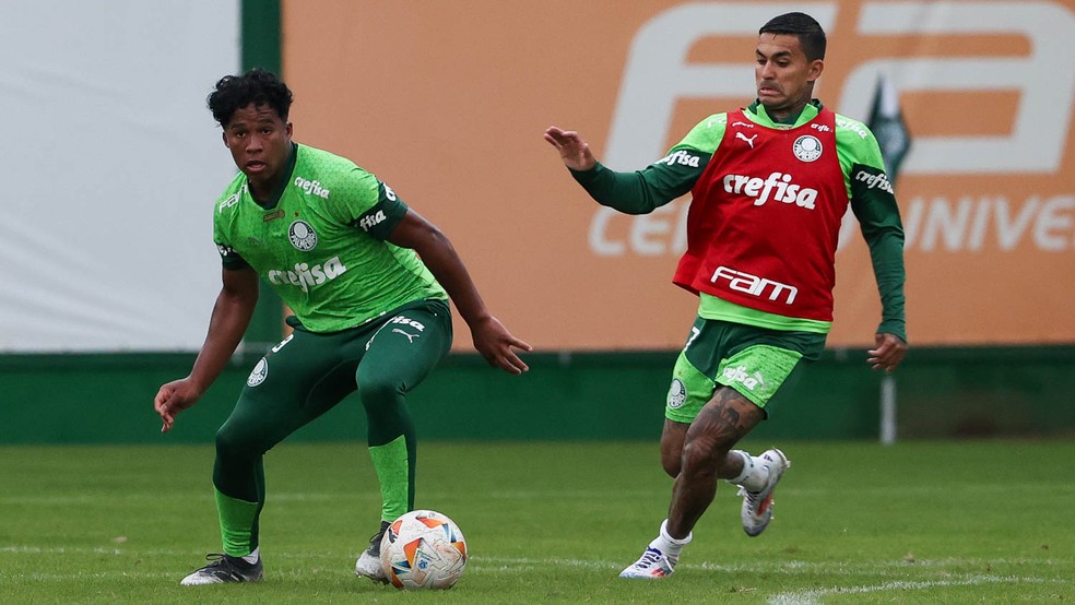 Dudu e Endrick em treino do Palmeiras — Foto: Cesar Greco/Palmeiras