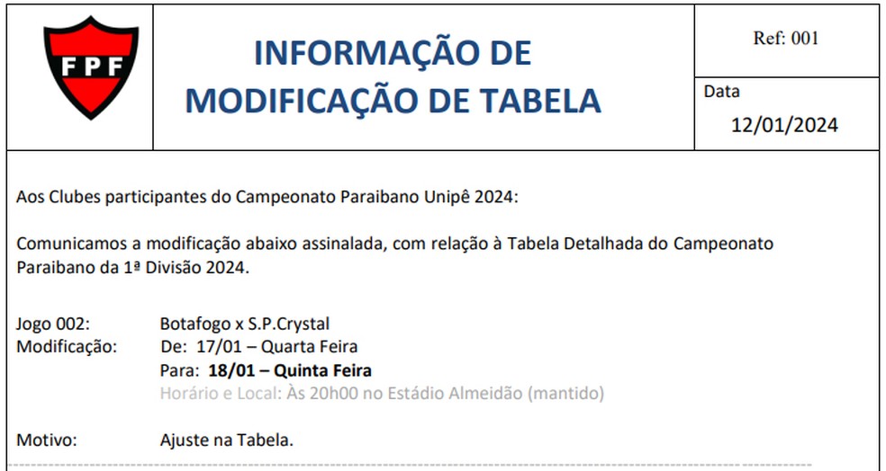 Botafogo-PB e São Paulo Crystal, que se enfrentariam na próxima quarta-feira, vão jogar na quinta, dia 18 — Foto: Divulgação/FPF-PB