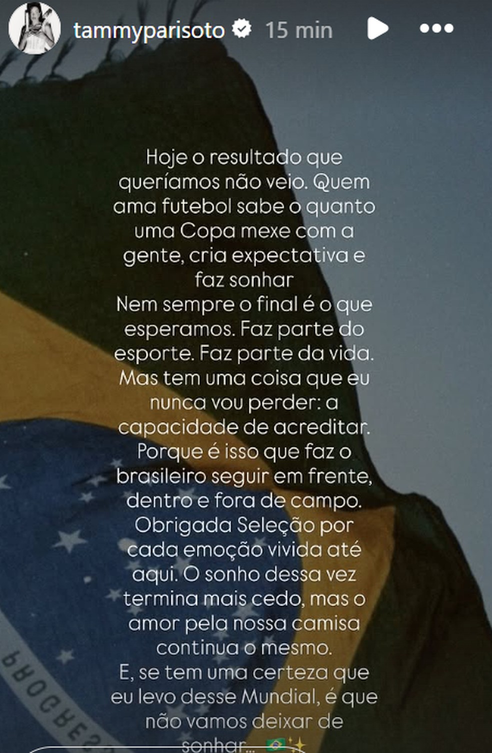 Publicação de Tammy Parisoto após eliminação