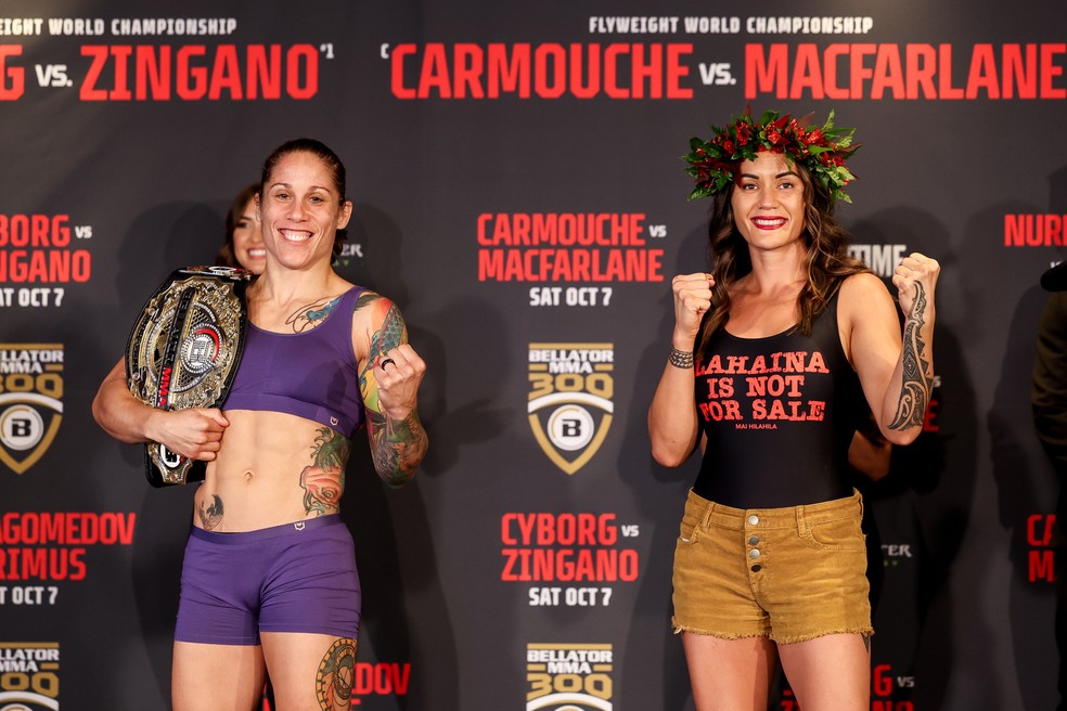 Liz Carmouche &eacute; a &uacute;nica que pode ser campe&atilde; dos moscas neste s&aacute;bado, j&aacute; que Ilima-Lei Macfarlane falhou no corte de peso &mdash; Foto: Bellator MMA/Lucas Noonan