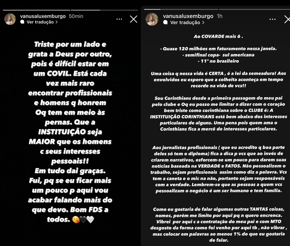 Filha de Luxemburgo desabafa após demissão do técnico — Foto: Reprodução/Instagram