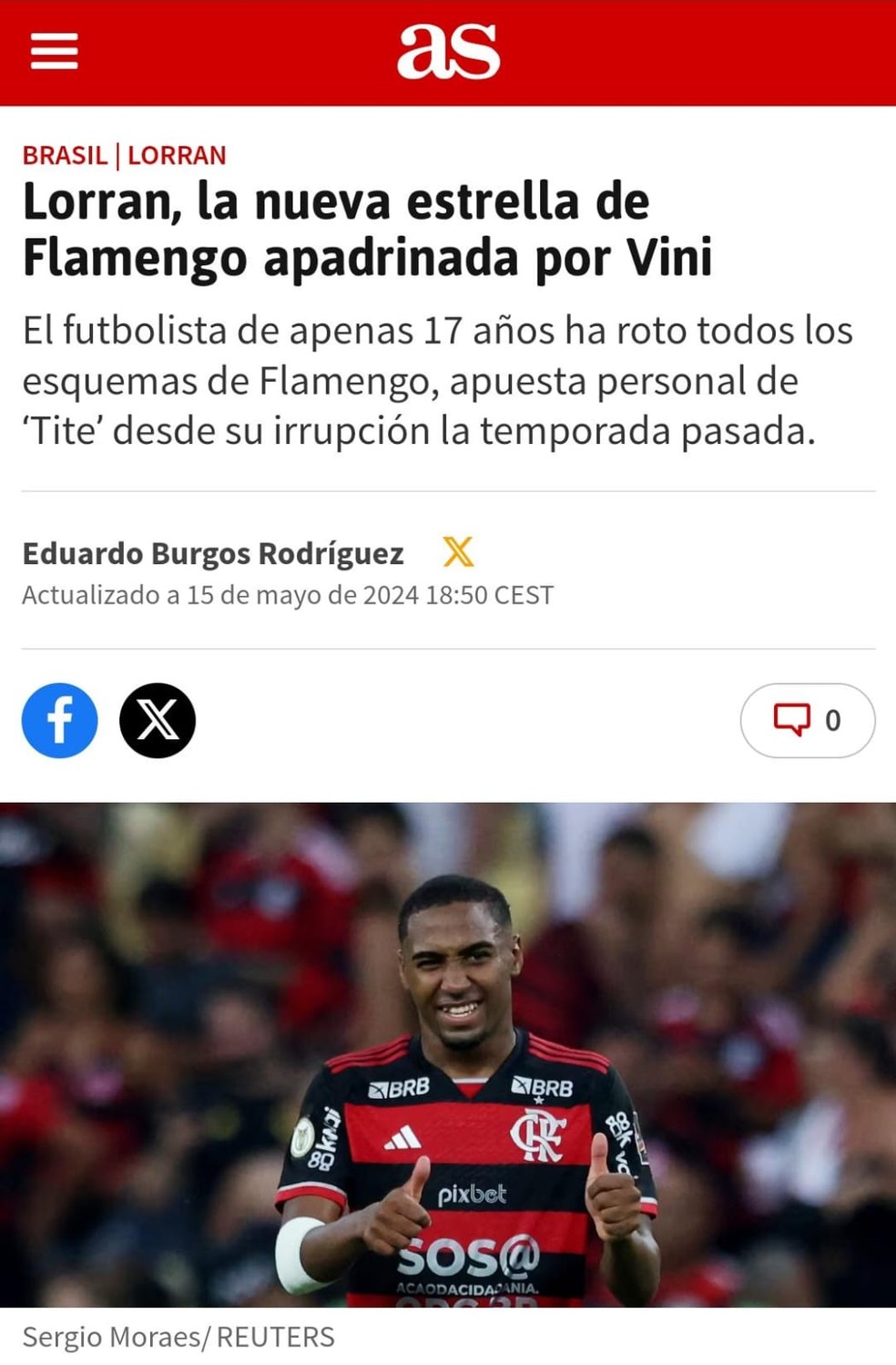 Lorran, do Flamengo, em destaque no jornal AS, da Espanha