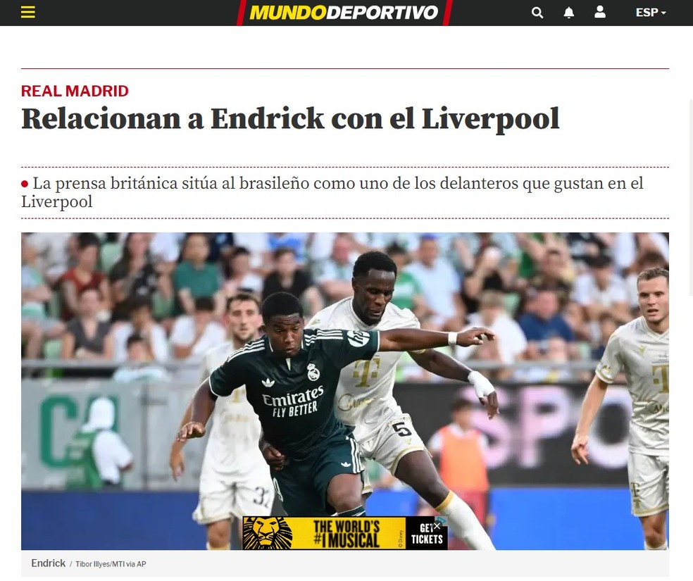 Mundo Deportivo repercute interesse do Liverpool em Endrick — Foto: Reprodução/Mundo Deportivo