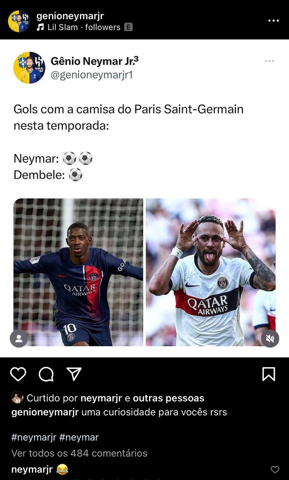 Reação de Neymar a postagem com comparação de gols com Dembélé pelo PSG em 2023/24 — Foto: Reprodução / Instagram