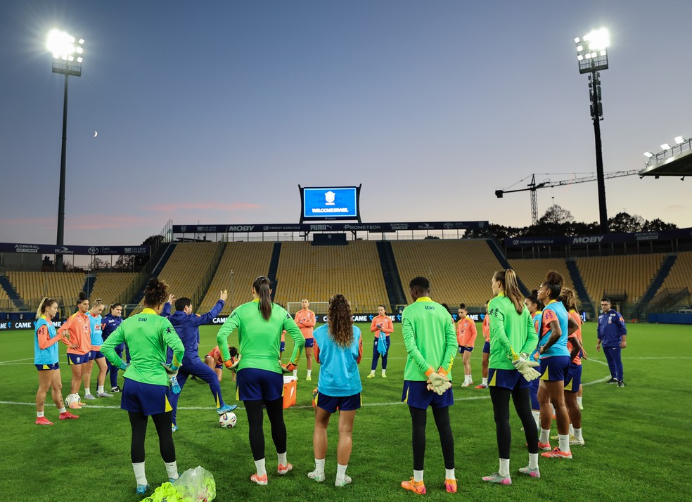 Técnico Arthur Elias conversa com jogadoras em treino da seleção feminina no estádio Ennio Tardini — Foto: Lívia Villas Boas / CBF