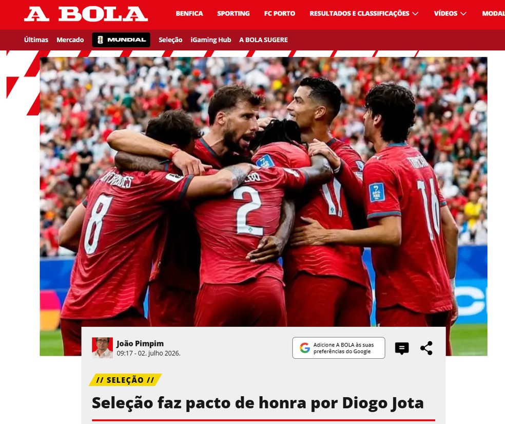 Jornal português destaca pacto de honra por Diogo Jota