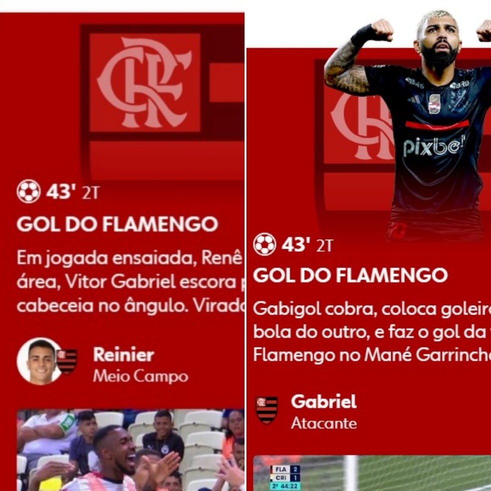 Gol de Reinier em 2019 e Gabigol em 2024 foram no mesmo minuto