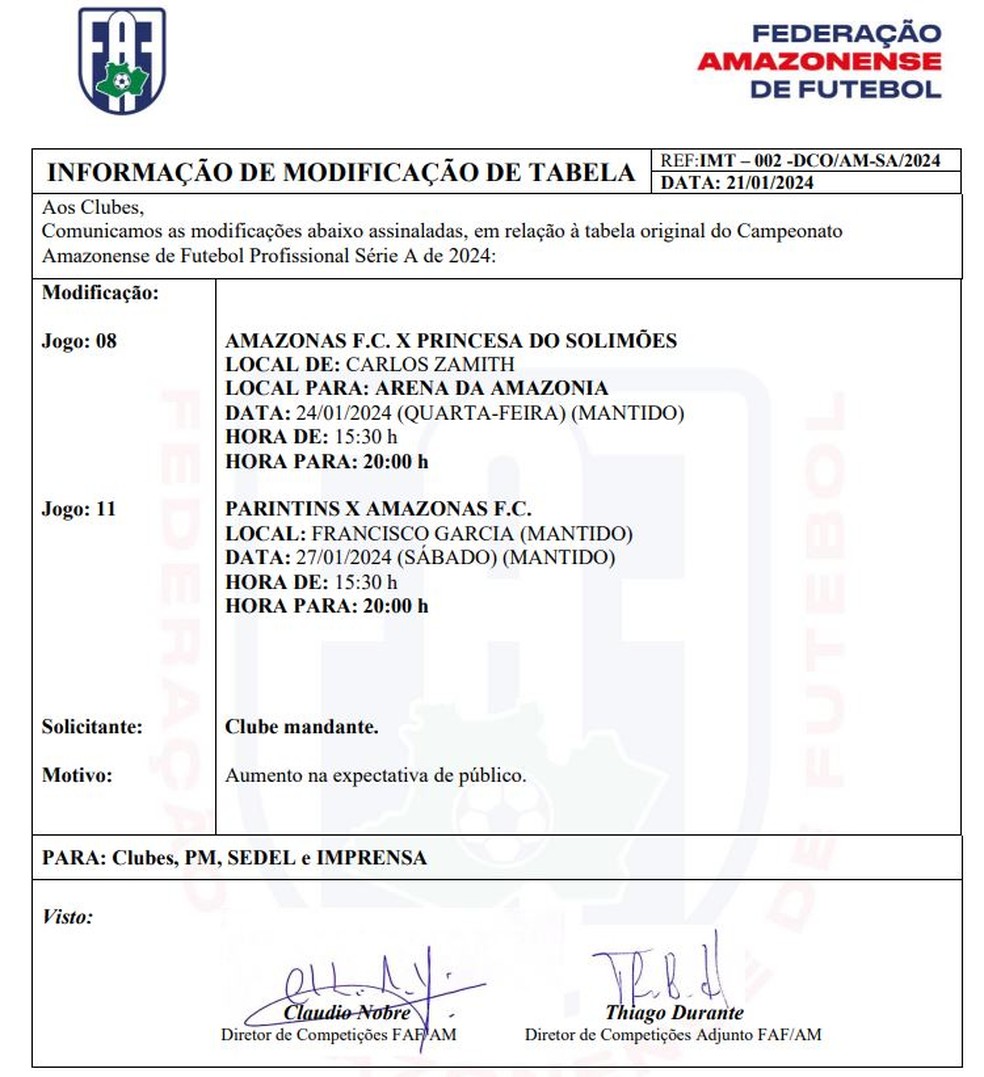 FAF alter&aacute; local e hor&aacute;rios de jogos do Amazonas &mdash; Foto: Reprodu&ccedil;&atilde;o