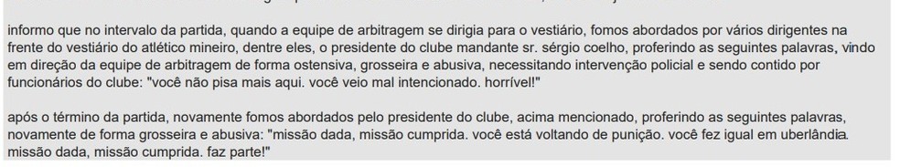 Súmula de Atlético-MG x Palmeiras relata ofensas de Sérgio Coelho — Foto: Reprodução