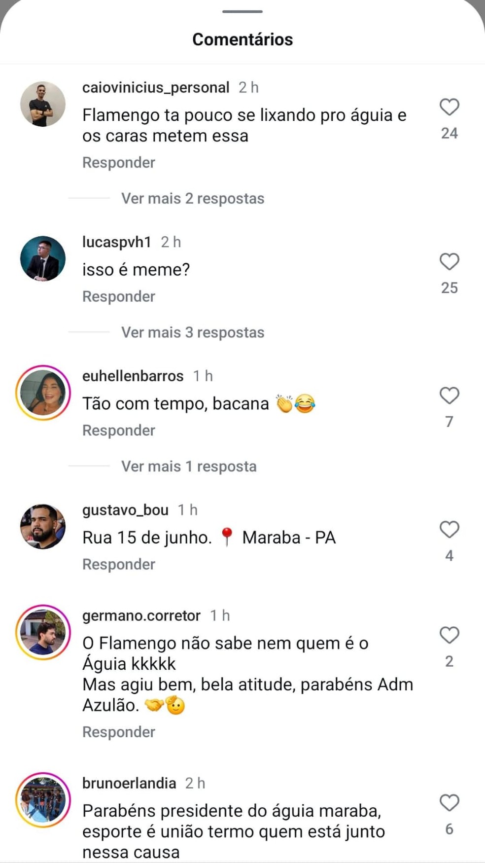 Torcedores reagem a nota de repúdio emitida pelo Águia de Marabá em solidariedade aos jogadores do Flamengo — Foto: Instagram