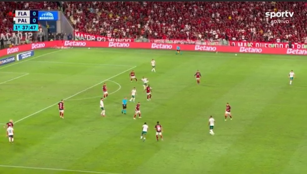 Posicionamento do Flamengo no primeiro gol do Palmeiras — Foto: Reprodução / Premiere