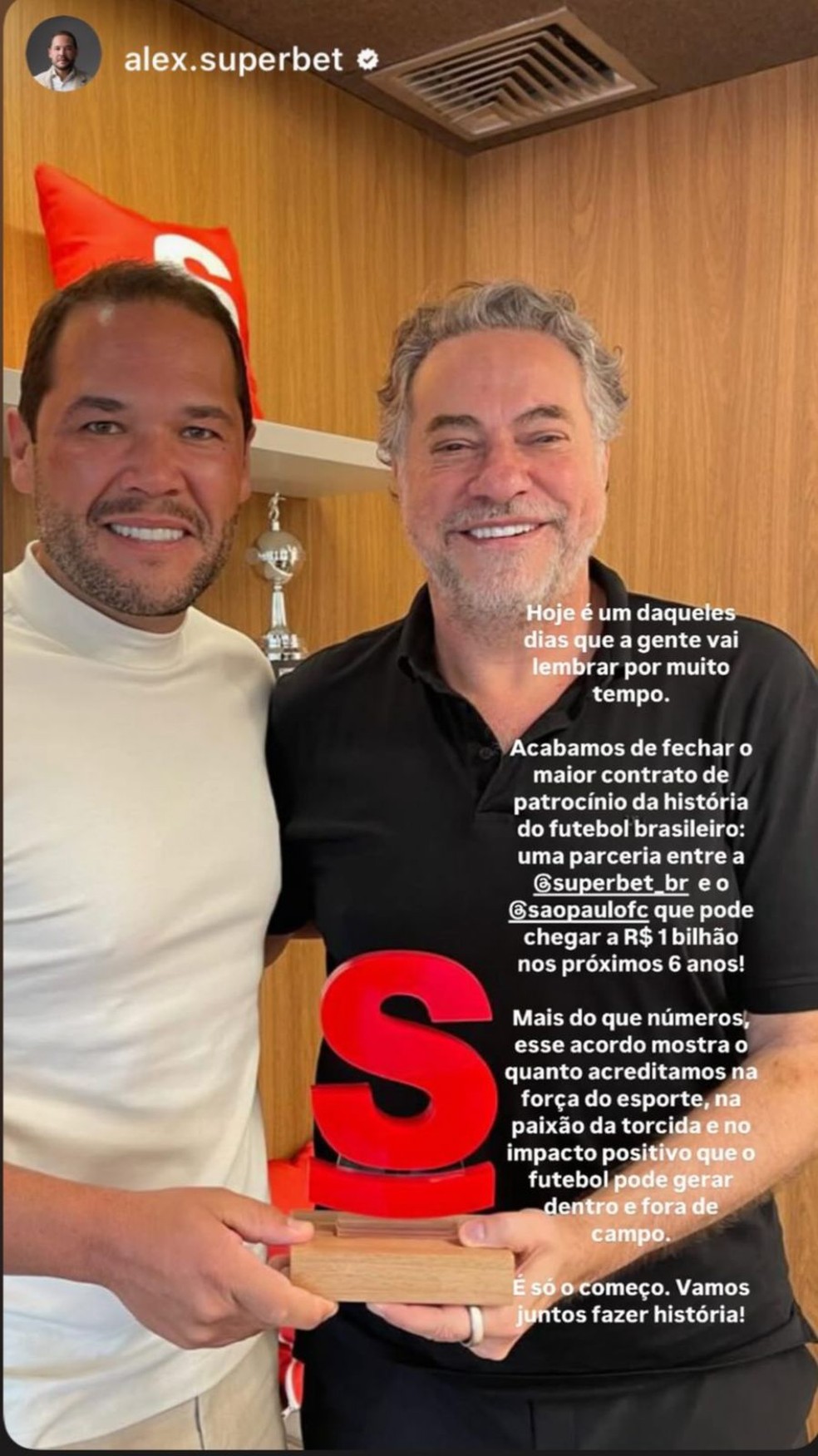 CEO da Superbet anuncia novo contrato com o S&atilde;o Paulo &mdash; Foto: Reprodu&ccedil;&atilde;o / Instagram