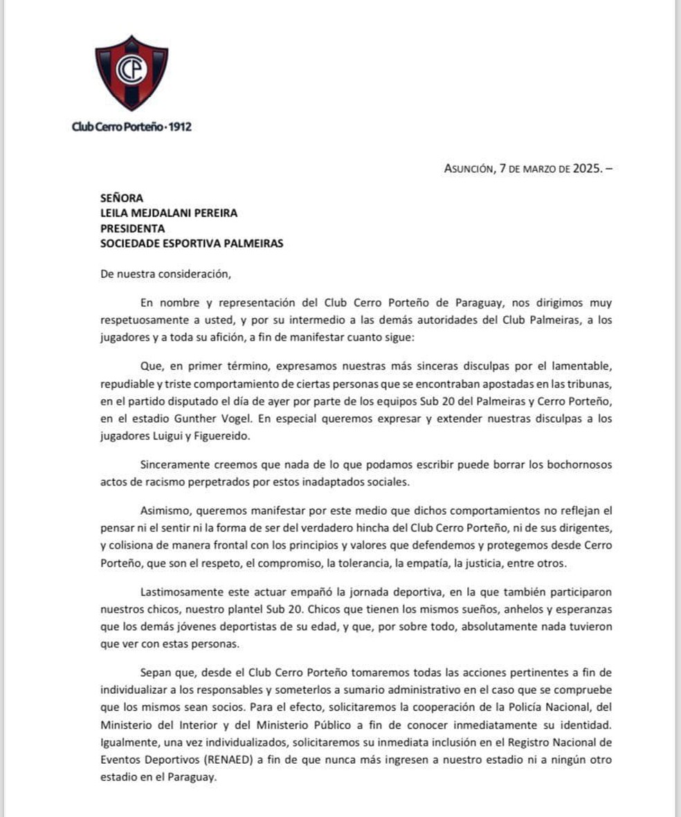 FINALMENTE! Cerro envia carta ao Palmeiras e promete punições por racismo no futebol
