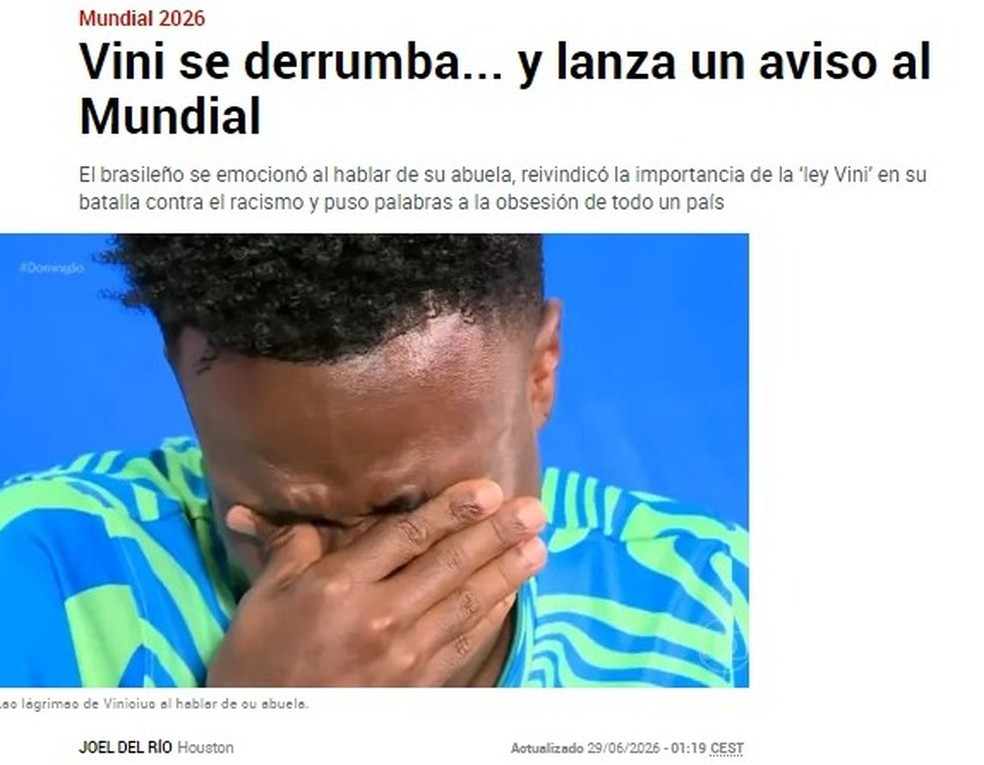 Imprensa internacional repercute choro de Vini Jr. em entrevista com Huck &mdash; Foto: Reprodu&ccedil;&atilde;o