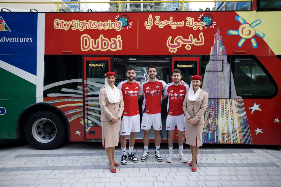 David Raya, Mikel Merino e Jorginho, do Arsenal, em campanha publicit�ria � Foto: Divulga��o / Emirates