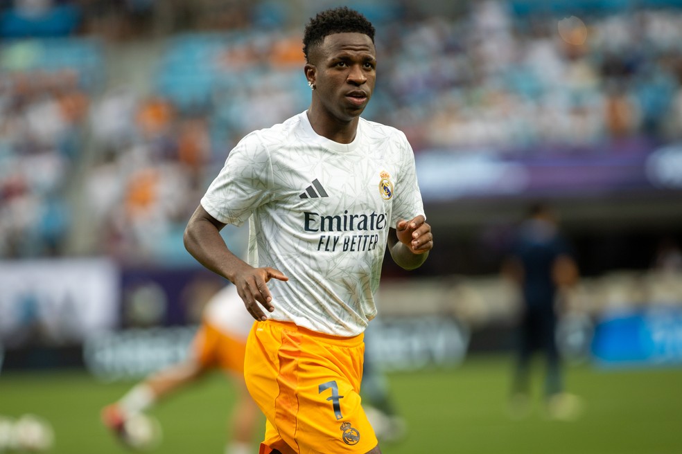 Vini Jr. Vinicius Junior, no último amistoso do Real Madrid na temporada, contra o Chelsea — Foto: Eston Parker/ISI Photos/Getty Images