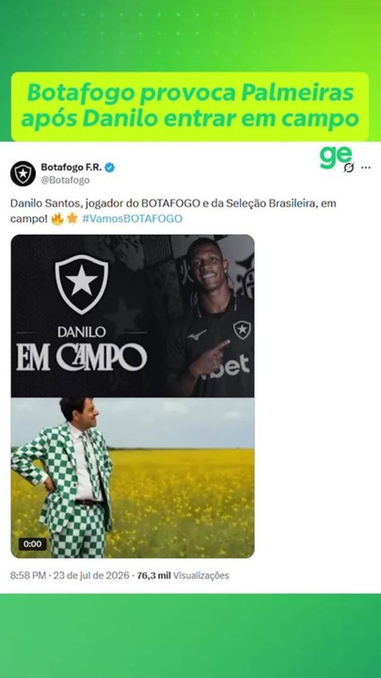 Botafogo provoca Palmeiras após Danilo chegar a 13 jogos no Brasileirão