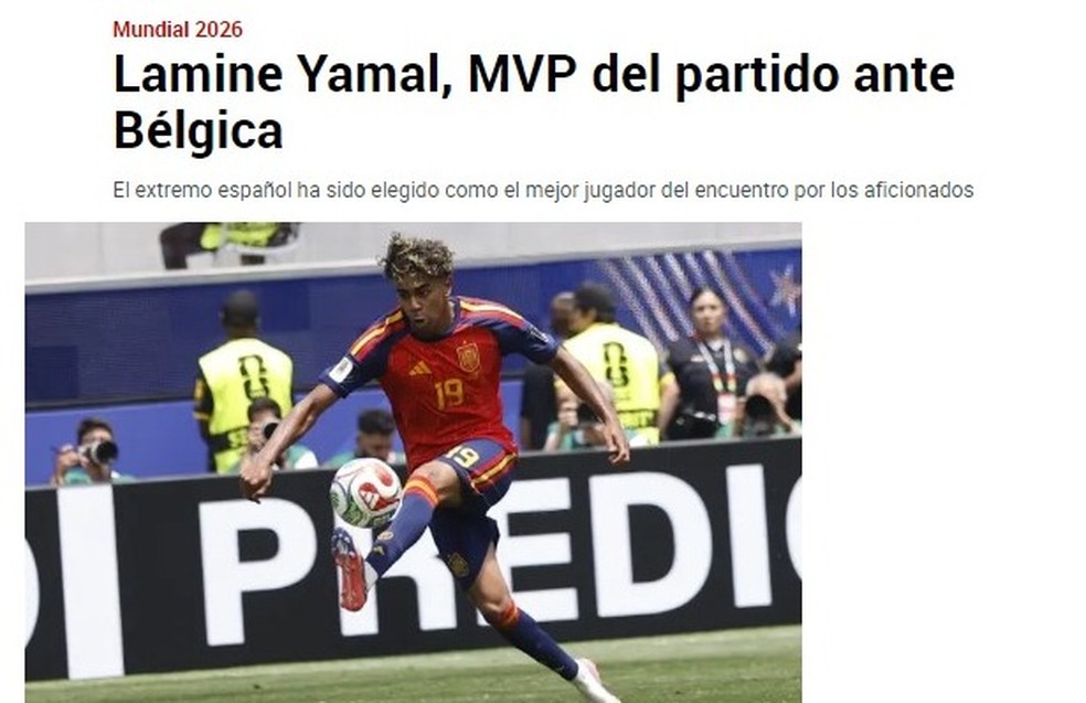 Jornal espanhol destaca Yamal como "melhor do jogo" — Foto: Reprodução Marca