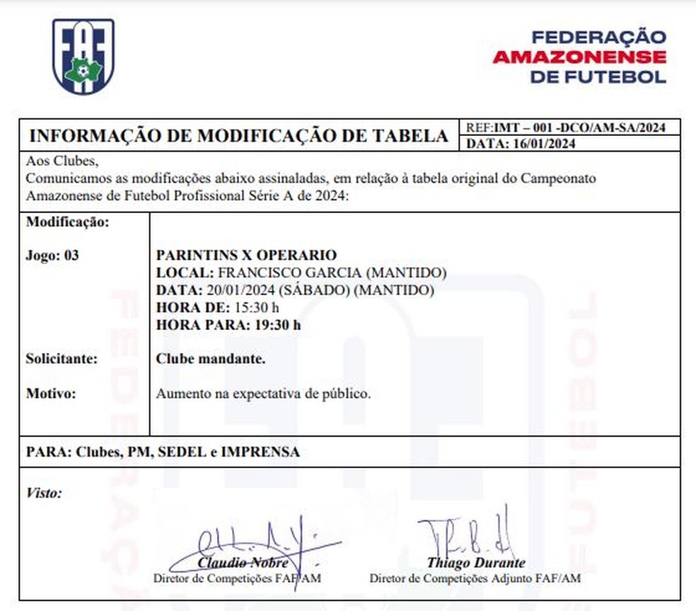 FAF altera hor&aacute;rio de Parintins x Oper&aacute;rio &mdash; Foto: Divulga&ccedil;&atilde;o