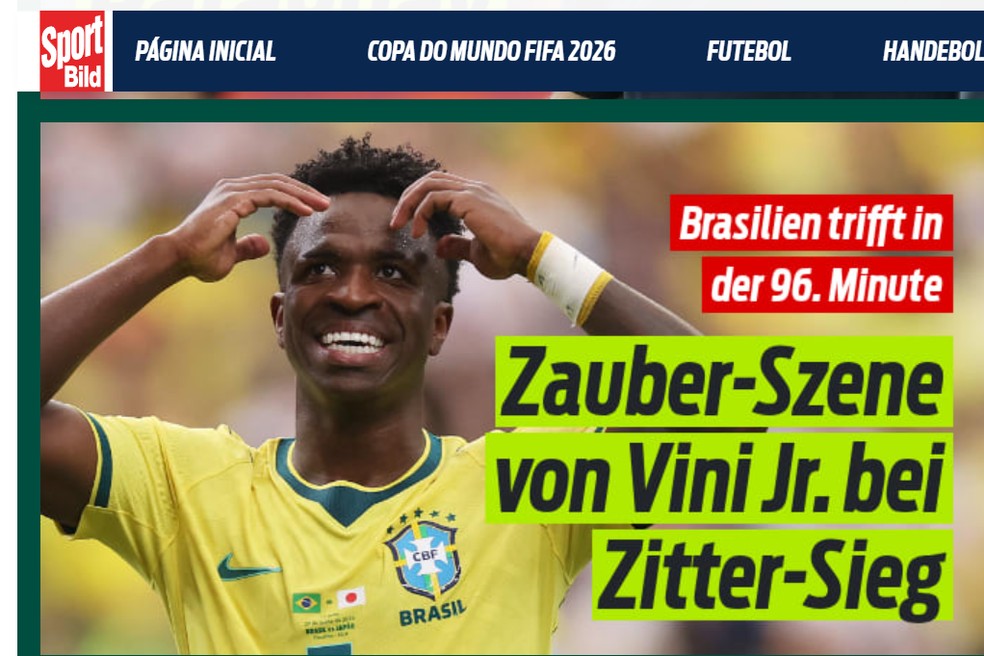 Alemão "Bild" exalta lance mágico de Vini Jr e classificação do Brasil nos acréscimos — Foto: Reprodução